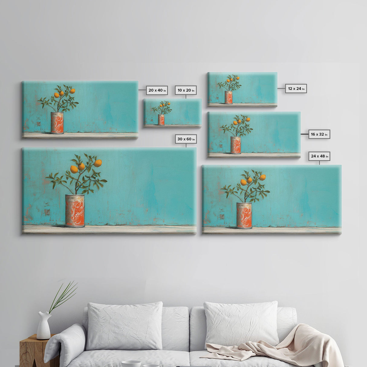 Orange Tree In Soda Can Wall Decor, Orange Wall Art, Plant Art, Teal Art, Panoramic Wall Decor, Canvas Print, Wall Art, Framed Canvas Art