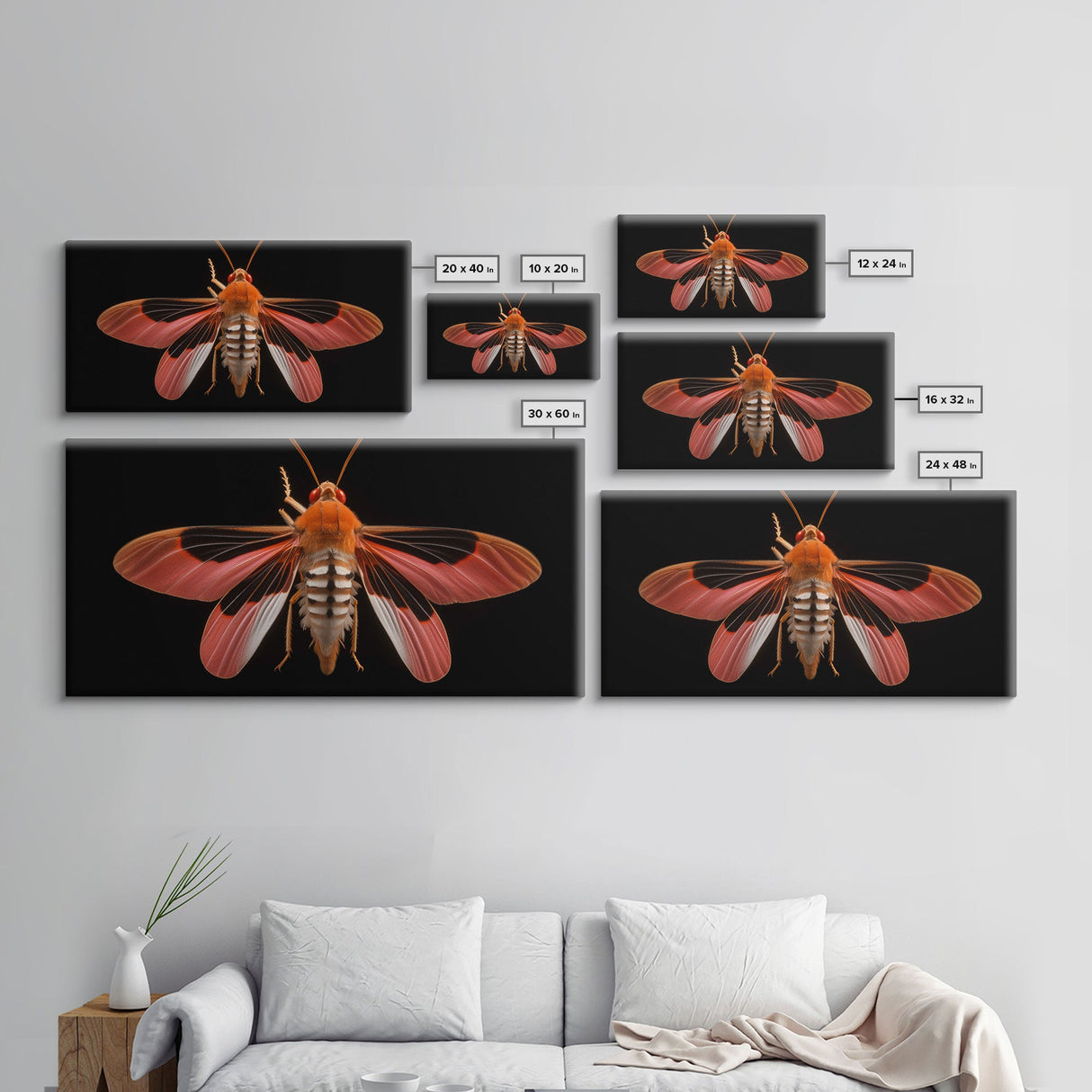 Red Moth Wall Decor, Insect Wall Art, Nature Wall Decor, Minimalist Art, Panoramic Wall Decor, Canvas Print, Wall Art, Framed Canvas Art