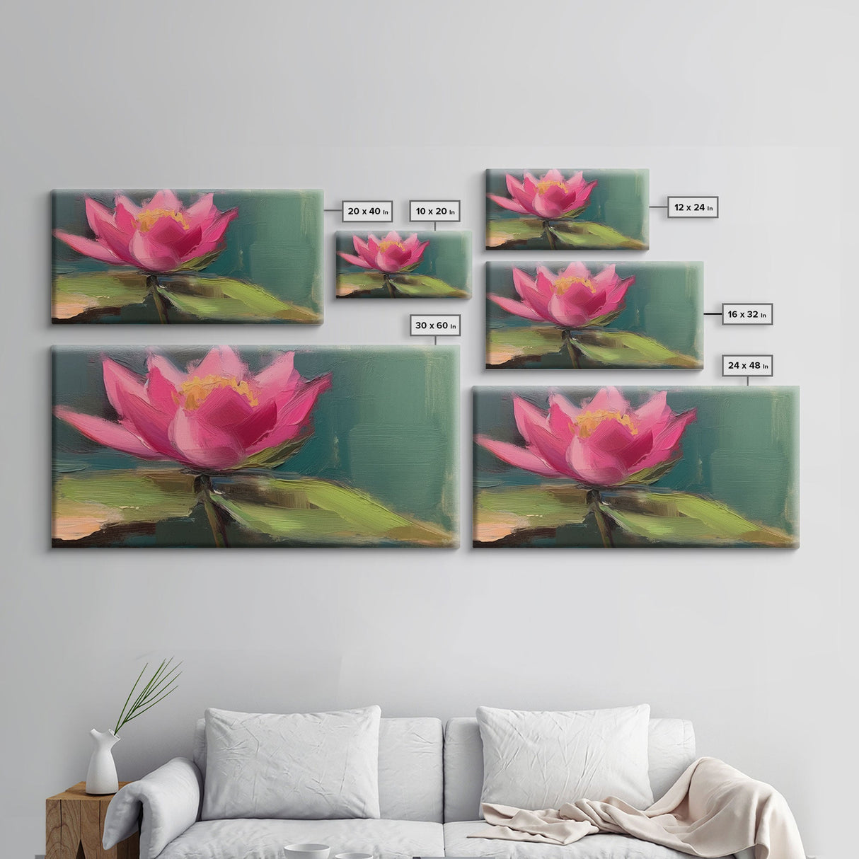 Pink Flower, Pink Water Lily Wall Art, Nature Wall Decor, Oil Painting, Panoramic Wall Decor, Canvas Print, Wall Art, Framed Canvas Art