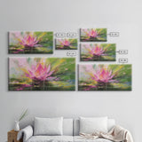 Oil Painting Pink Flower, Pink Water Lily Wall Art, Nature Wall Decor, Panoramic Wall Decor, Canvas Print, Wall Art, Framed Canvas Art