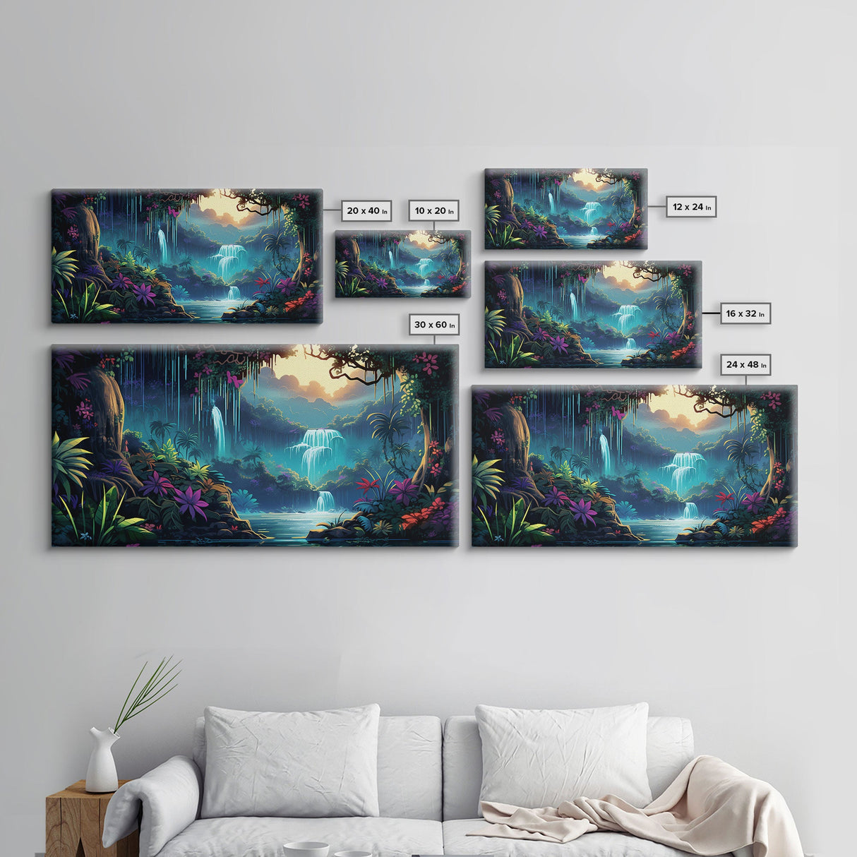 Fantasy Forest Wall Art, Waterfalls, Forest Wall Art, Trees Wall Print, Panoramic Art, Wall Art, Canvas Art, Landscape Art, Gaming Wall Art