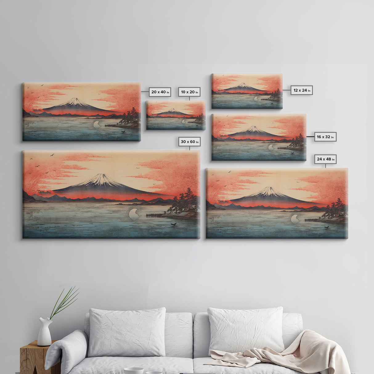 Volcano, Japanese Art, Asian Landscape, Panoramic Art, Wall Art, Canvas Art, Landscape Art, Gift For Him, Modern Home Decor, Home Decor Art