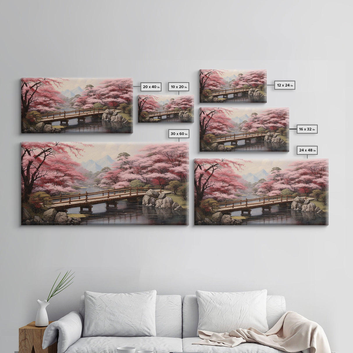 Japanese Wall Art, Cherry Blossoms, River Wall Art, Panoramic Art, Wall Art, Canvas Art, Landscape Art Print, Office Wall Art, Kitchen Art