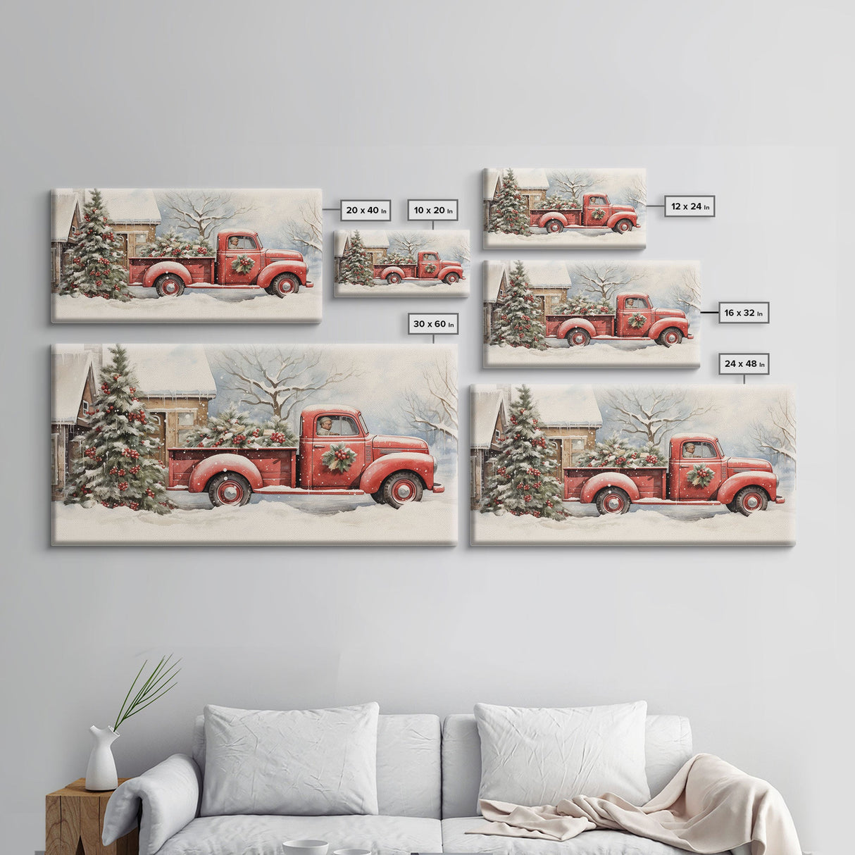 Christmas Tree Delivery - Retro Farmhouse Christmas Decor - Old Red Truck Delivering Christmas Trees - Framed Canvas Print - Holiday Decor