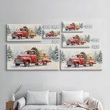 Christmas Tree Delivery - Retro Farmhouse Christmas Decor - Old Red Truck Delivering Christmas Trees - Framed Canvas Print - Holiday Decor