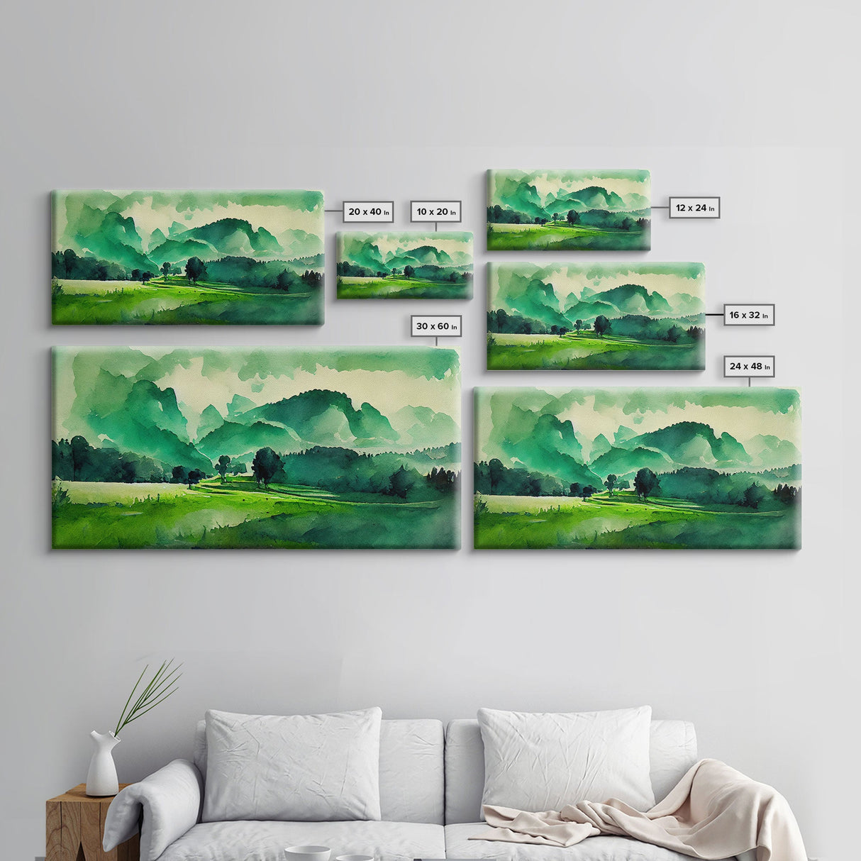 Emerald Green Watercolor Landscape Abstract, ready to hang canvas print wall art, framed canvas wall art