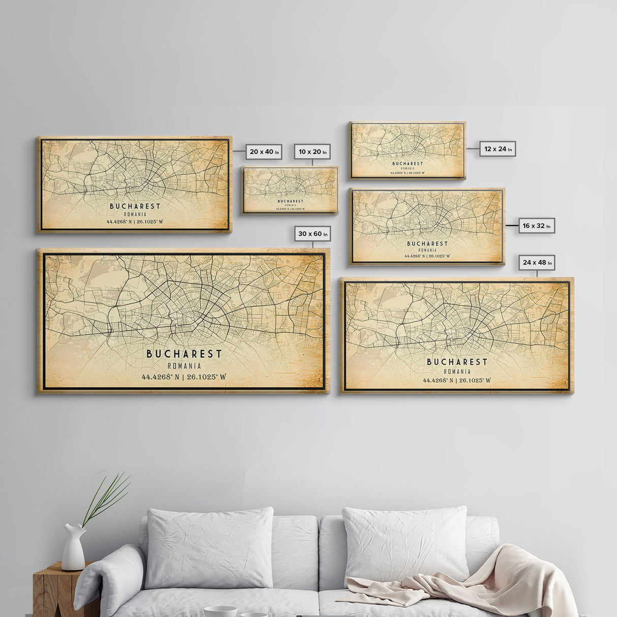 Panoramic Vintage Style Bucharest City Map Wall Art Canvas Print, Distressed Bucharest Map, Framed Art, Cool Travel Wall Art, Office Art