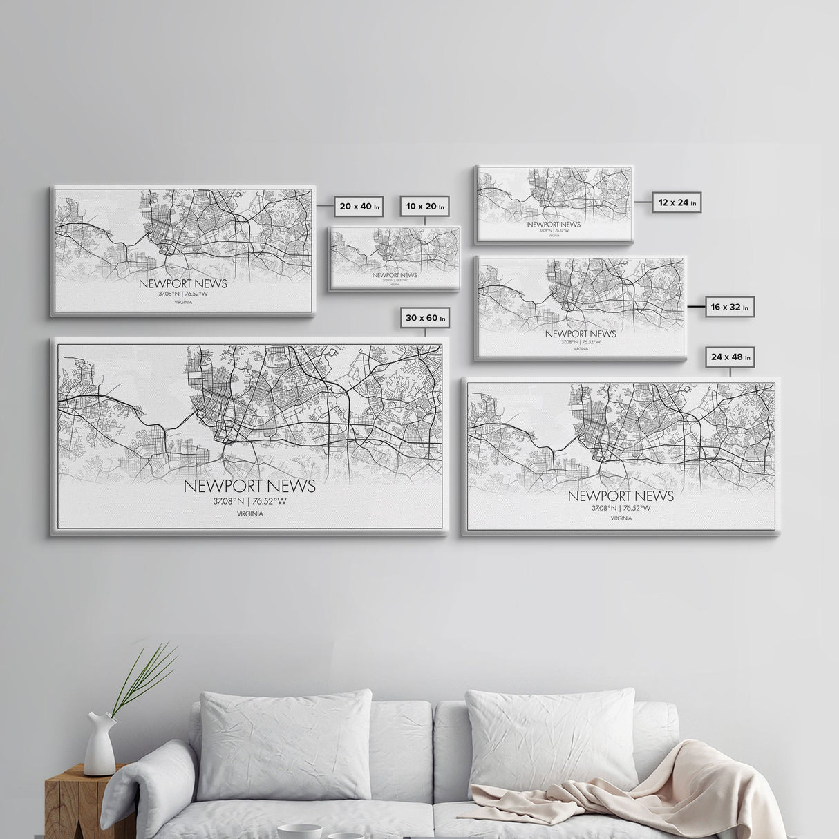 Newport News City Map, Virginia Art, Map Print, Minimalist Wall Art, Wall Art, Canvas Art, Panoramic Wall Art, Friend Gift, Office Wall Art