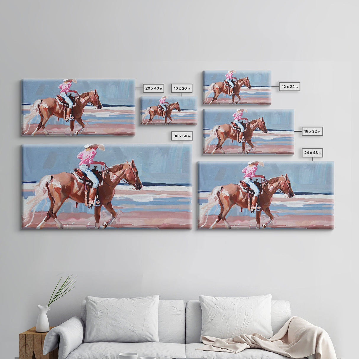 Woman Riding Horse on Beach, Peaceful Framed Canvas Print, Great for Coastal Living Room Art, Beach Bedroom Decor, Equestrian Wall Art