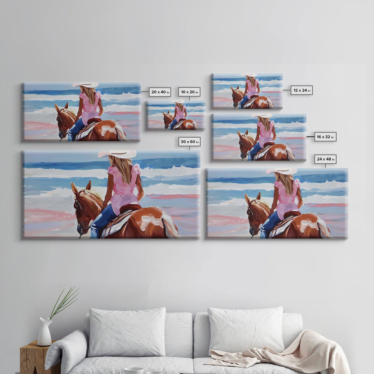 Cowgirl Riding Horse by the Ocean, Tranquil Framed Canvas Print, Perfect for Coastal Living Room Art, Beach Bedroom Decor, Horse Wall Art