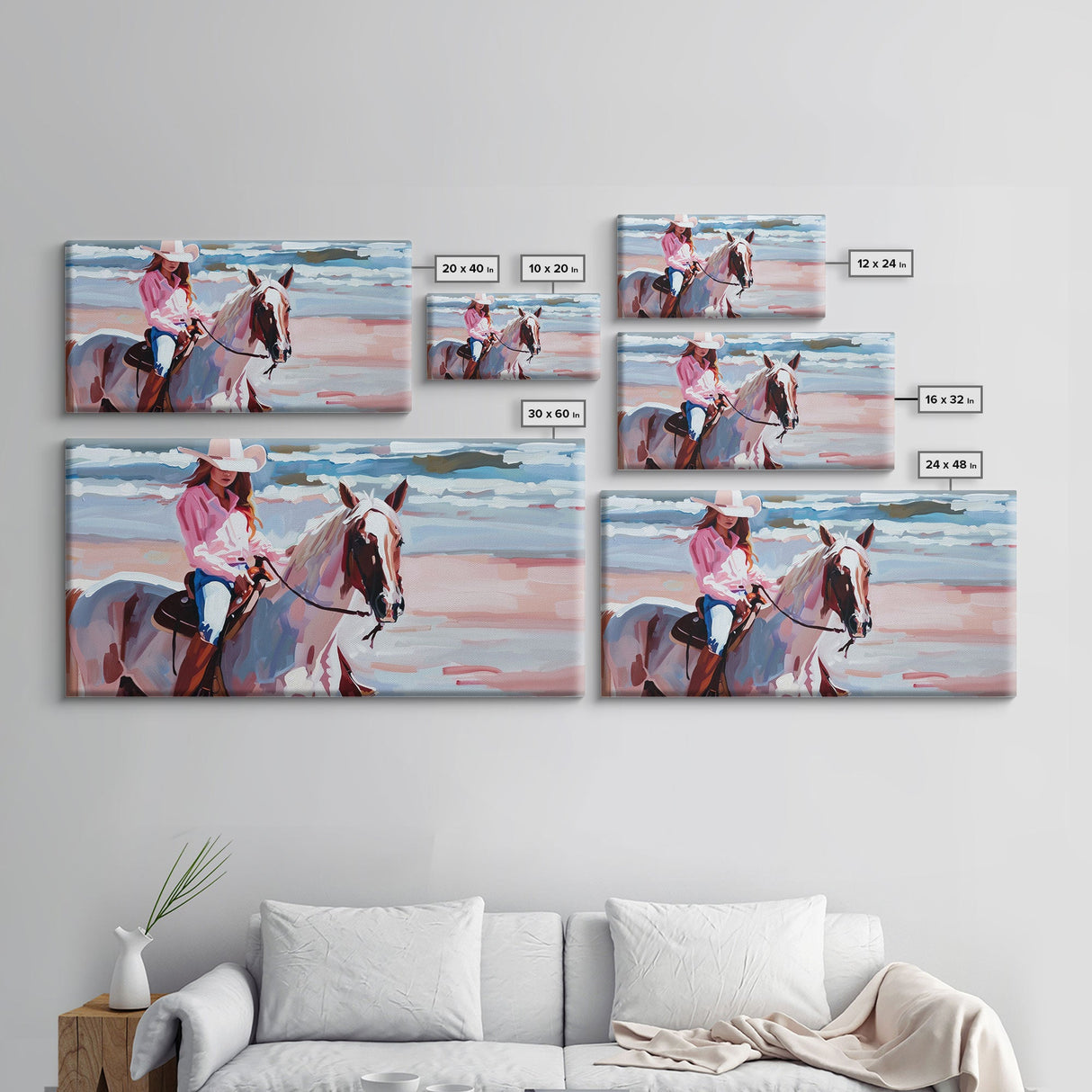 Cowgirl in Pink Shirt Riding Horse by the Sea, Beautiful Framed Canvas Print, Coastal Living Room Art, Beach Bedroom Decor, Horse Art