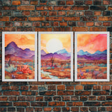 Black Framed 3 Piece Wall Art, Southwestern Desert Scene at Sunset, Minimalist Wall Art, MCM Style Midcentury Wall Decor, Above Sofa Art