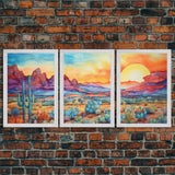 Southwestern Room Decor, Retro Desert Art, Set Of 3, Framed Canvas Prints, Wall Decor, Nursery Decor, Living Room Decor, Home Decor