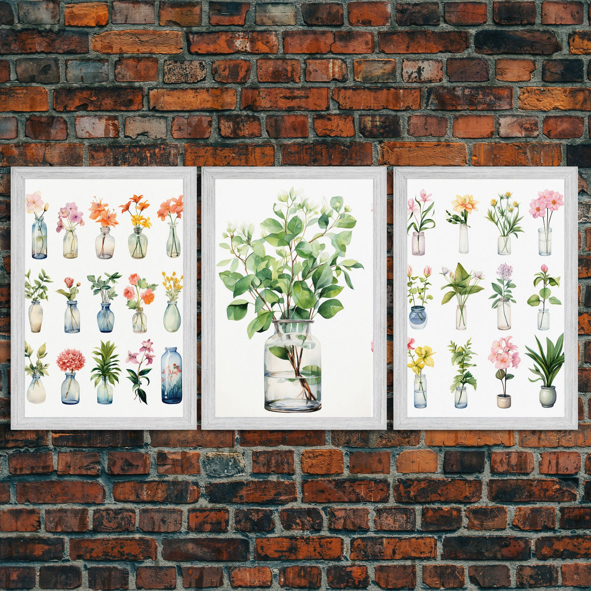 3 Piece Set, Cute Kawaii Floral Print, Flowers In Vases, Framed Wall Art, Canvas Print, Botanical Wall Decor, Dried Flower Large Art