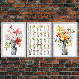 3 Piece Set, Cute Kawaii Floral Print, Flowers In Vases, Framed Wall Art, Canvas Print, Botanical Wall Decor, Dried Flower Large Triptych