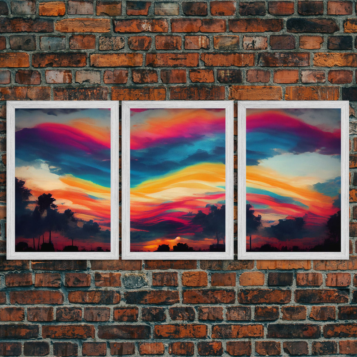 Psychedelic sunrise, beautiful colorful wall art, 3 piece canvas print, three piece wall art, living room above the couch art