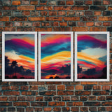 Psychedelic sunrise, beautiful colorful wall art, 3 piece canvas print, three piece wall art, living room above the couch art