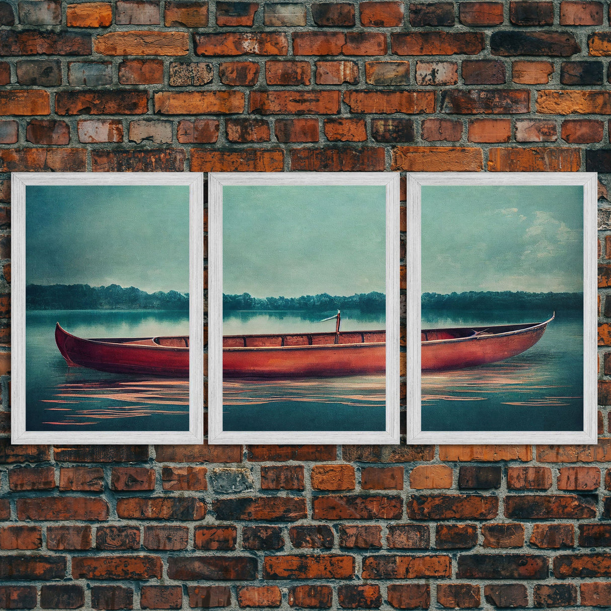 Skiff on the lake, Abandoned canoe, lake house art, 3 piece canvas, 3 piece wall art, cool unique living room art