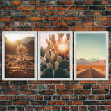 3 Piece Triptych Framed Canvas Wall Art Set of 3 Cactus Desert Landscape Arizona Road Photography Prints Minimalist Modern Art Western Decor