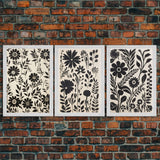 Black and White Floral Print, 3 Piece Framed Canvas Art, Boho Rustic Farmhouse Decor, Living Room Art, Minimalist Wall Art