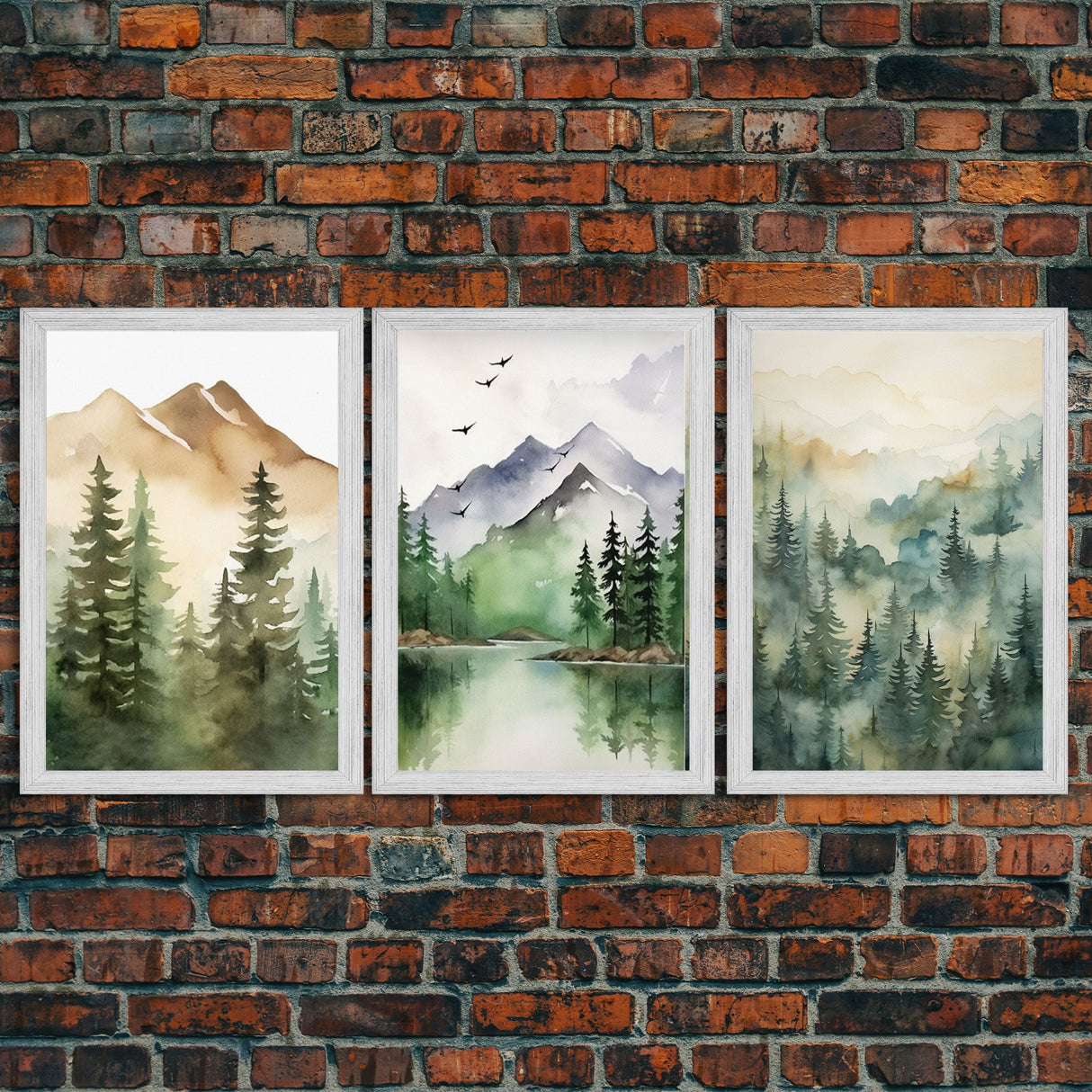 Triptych Framed Canvas Wall Art Set of 3 Green Forest Mountain Nature Landscape Prints Minimalist Modern Art, Woodland Nursery Decor