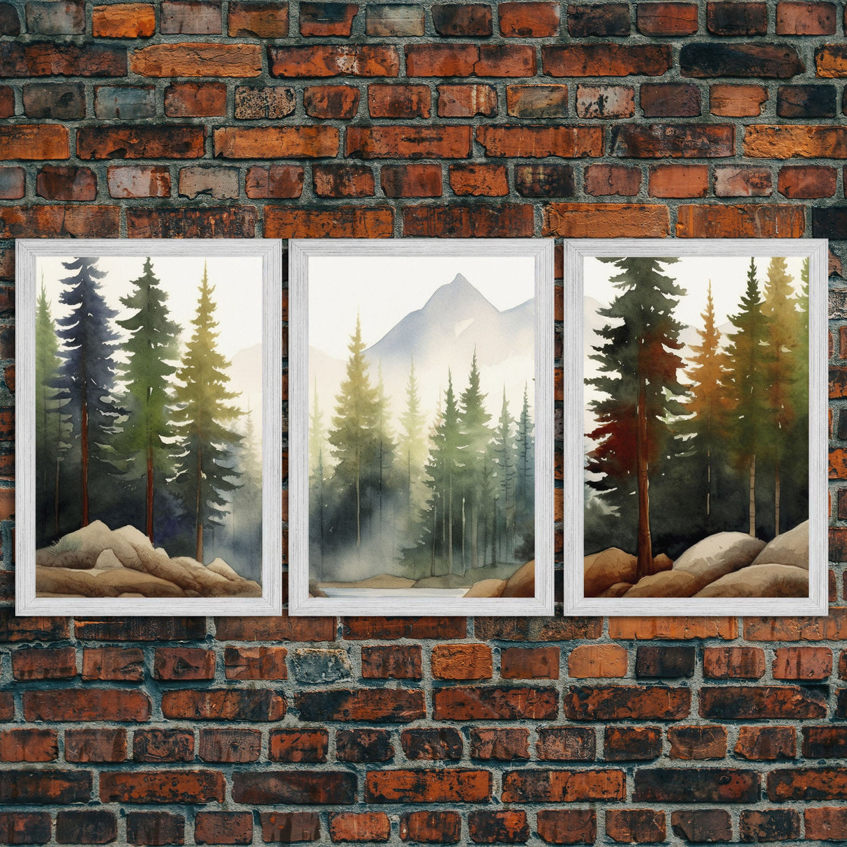 3 Panel Framed Canvas Print Wall Art Set of 3 Emerald Green Mountain Forest Lake Landscape Minimalist Modern Art Nature Wall Decor Pine Tree