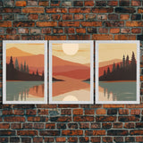 Framed Canvas Wall Art Set of 3 Sunset Forest Landscape Abstract Illustrations Prints Modern Art Minimalist Boho Wall Decor, 3 Piece Art