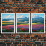 Colorful rolling hills, flower fields, landscape art,  3 piece wall art, 3 piece canvas, cool centerpiece living room wall art