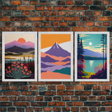 Minimalist Landscape Decor, 3 Piece Canvas Print, Framed Wall Art, Pacific Northwest Inspired Scandinavian Decor, Retro Style