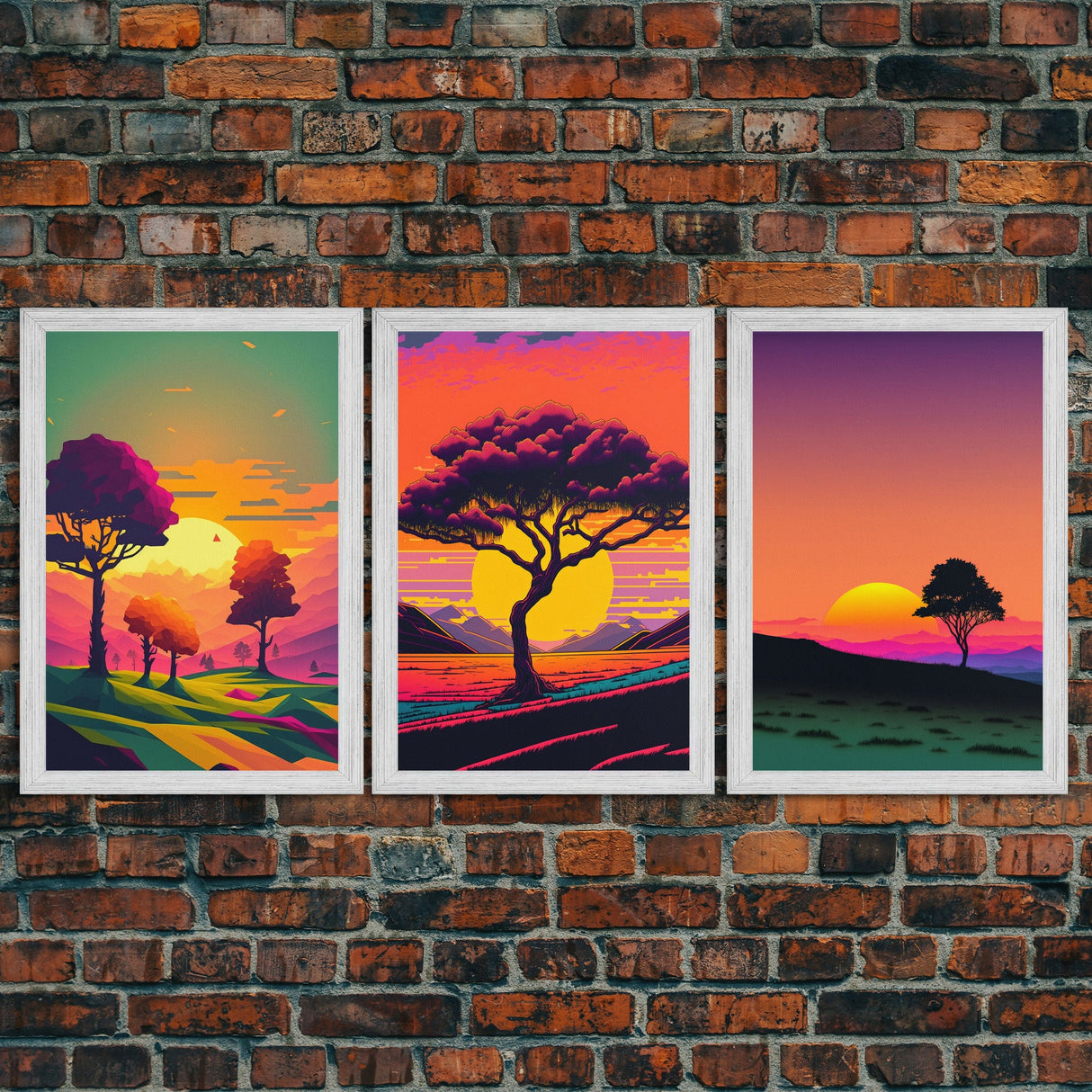 Triptych 3 panel Wall Art, Framed Canvas Prints, Synthwave Landscape Decor, MCM 80s Vibes Retro Style 3 Piece Art