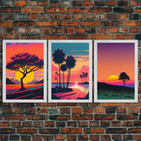 Triptych 3 panel Wall Art, Framed Canvas Prints, Synthwave Landscape Decor, MCM 80s Vibes Retro Style 3 Piece Art