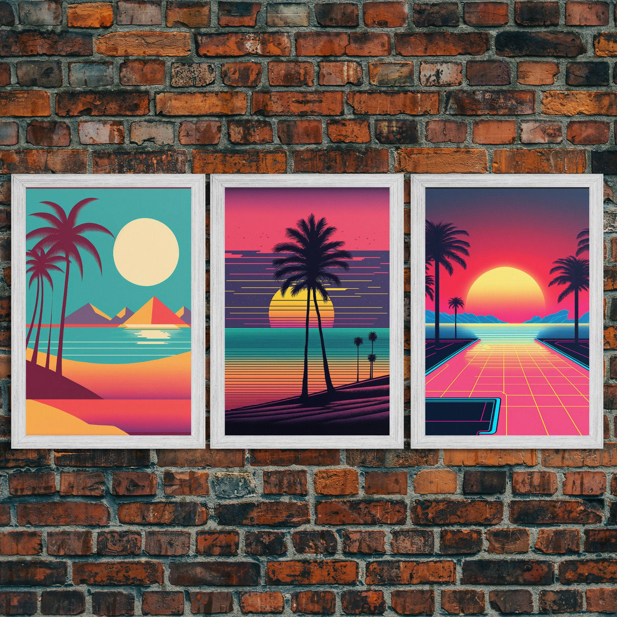 Midcentury Modern Wall Art, Mid Century Modern, 3 Piece Framed Canvas, 3 Panel Art, Triptych Art, Vaporwave Palm Trees and Sunset, 80s Retro