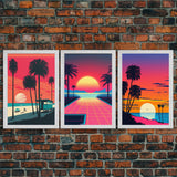 Midcentury Modern Wall Art, Mid Century Modern, 3 Piece Framed Canvas, 3 Panel Art, Triptych Art, Vaporwave Palm Trees and Sunset, 80s Retro