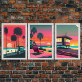 MCM Style Retro Wall Decor, Framed Canvas Prints, Triptych 3 Panel Wall Art, Retrowave Beach Art, Minimalist Boho Vaporwave Architecture Art