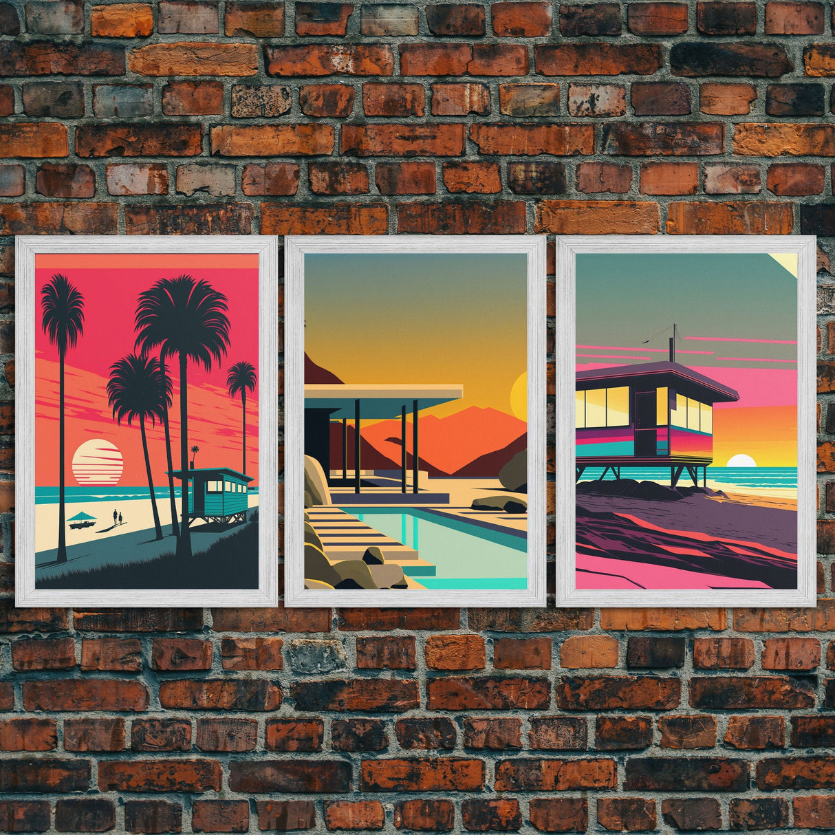 MCM Style Retro Wall Decor, Framed Canvas Prints, Triptych 3 Panel Wall Art, Retrowave Beach Art, Synthwave / Vaporwave Architecture Art