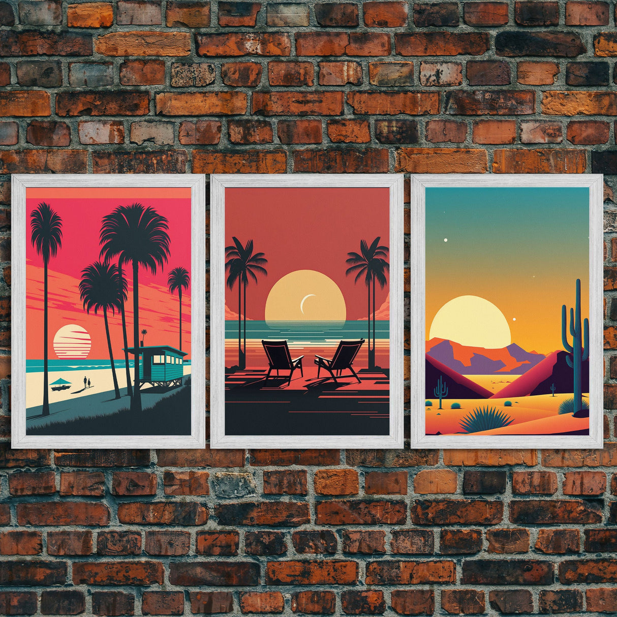 Beach Vibes - Midcentury / Art Deco / 80 Vibes Mash up - Framed Canvas Prints - Turquoise Sky and Palme Trees - 3 Panel Art, Triptych Prints