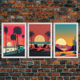 Beach Vibes - Midcentury / Art Deco / 80 Vibes Mash up - Framed Canvas Prints - Turquoise Sky and Palme Trees - 3 Panel Art, Triptych Prints