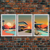 Midcentury Modern Architecture Art, Framed Canvas Prints, Retro Style Retrowave Art, 3 Panel Canvas, 3 Piece Art Set, Sunset Art