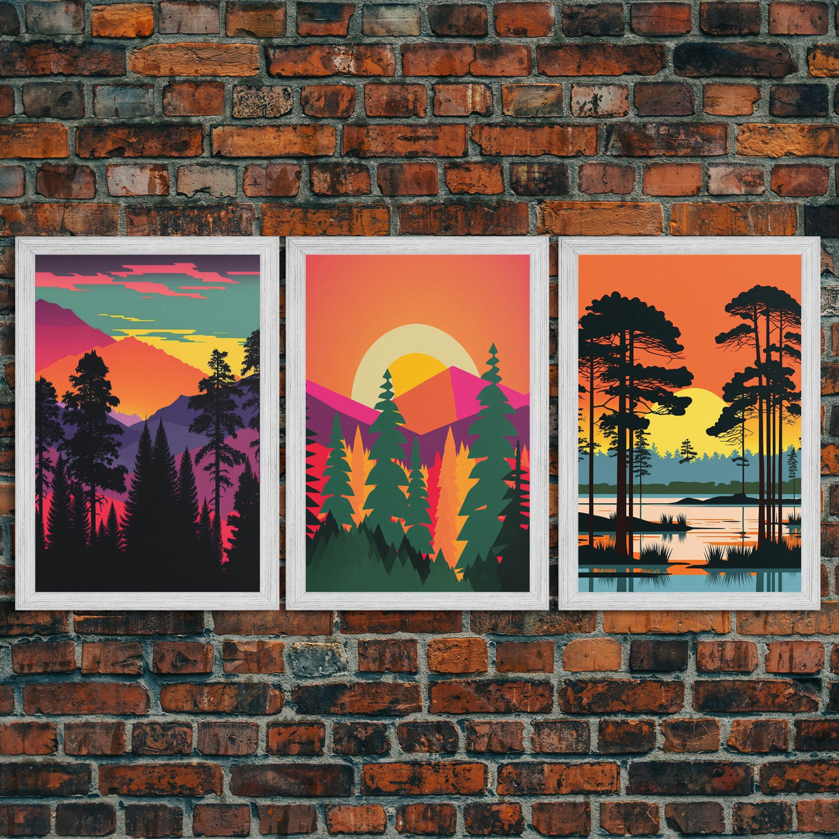 Pacific Northwest MCM Style Landscape Art, Framed Canvas Prints, 3 Piece Art Set, Triptych Art, Colorful Retro Style Pine Tree Forests