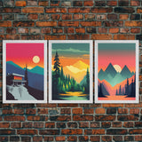 Scandinavian Canvas Prints Framed, 3 Piece Wall Art, Nordic Print Set, Modern Abstract Art, Minimalist Landscape Sunset Art, Forest Mountain