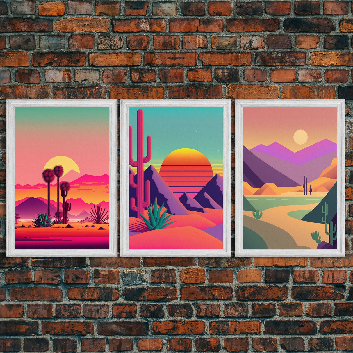 3 Piece Framed Canvas Wall Art, Synthwave / Vaporwave Sunset, Palme Trees and Cactus, Mid Century Modern Home Artwork Boho Decor for Bedroom