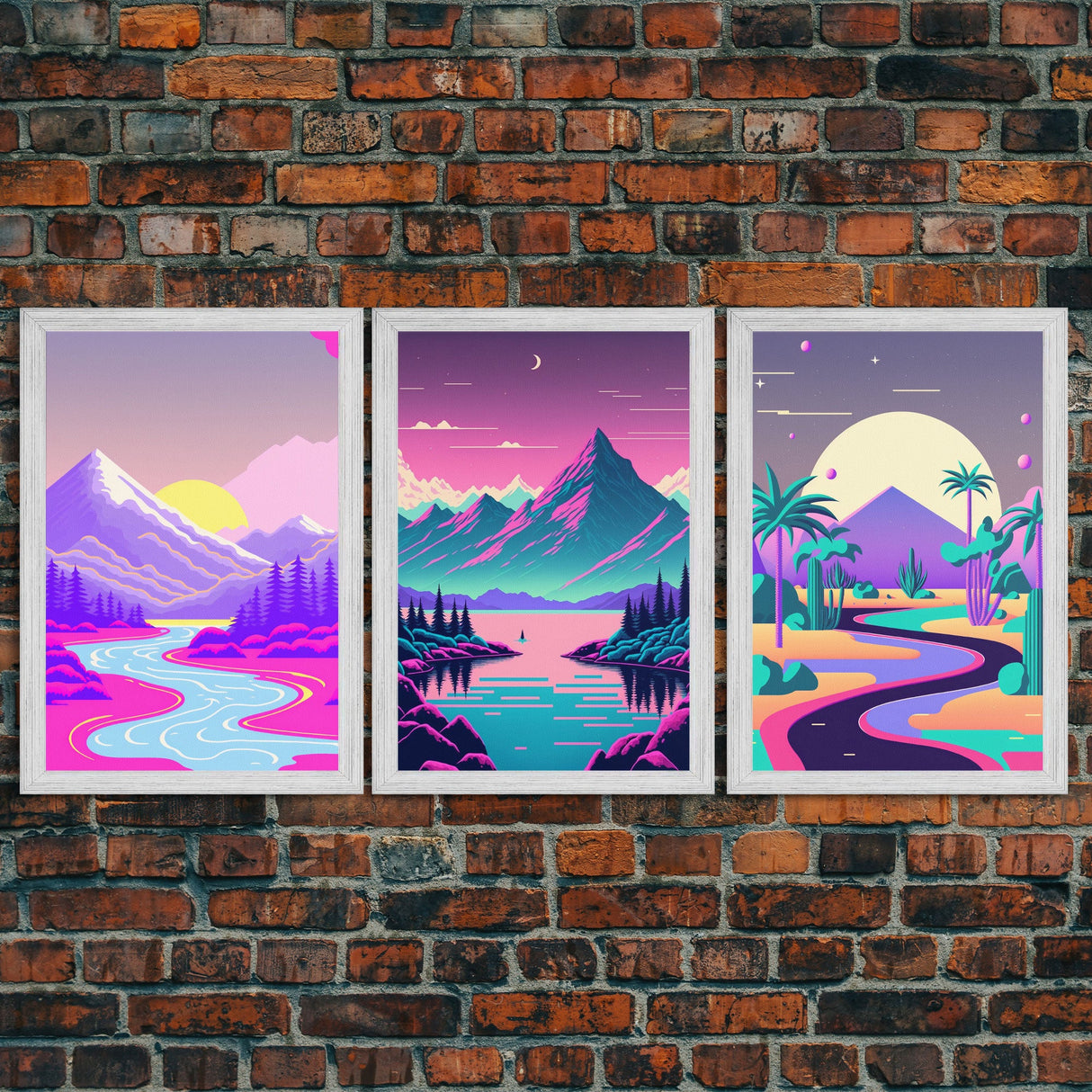 Vaporwave Aesthetic Mountain Landscape Prints, Framed Canvas Art, 3 Panel Art Set, 3 Piece Art, Retro Feel Minimalist Abstract Art