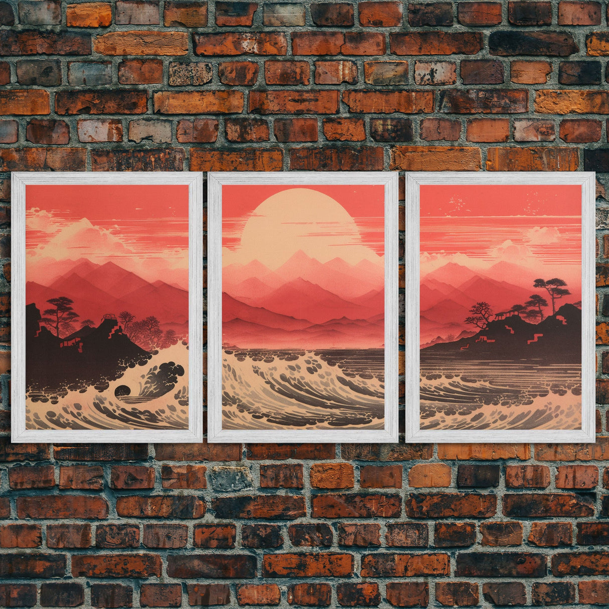 Ocean Wall Art, Ocean Waves, Mountains Print, Sunset Print, Canvas Print, Wall Art, 3 Piece Wall Art, Retro Wall Decor, Seascape Wall Art