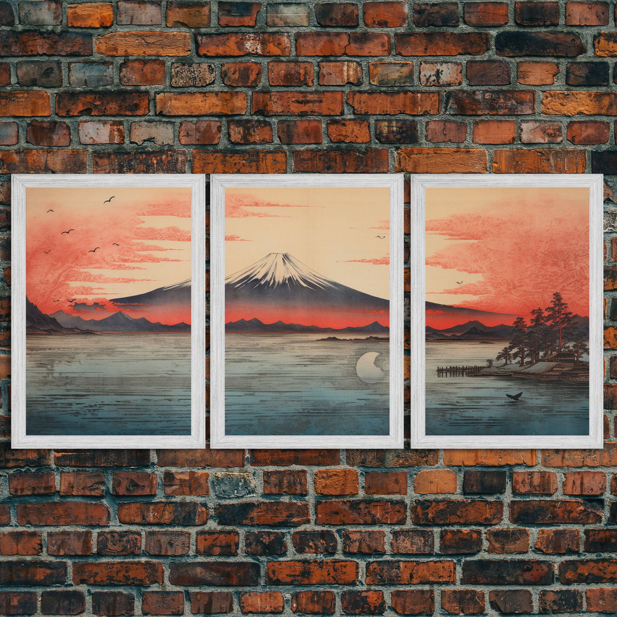 Japanese Ukiyo-e Mountains Sunset Set of 3 Prints, Japanese Ink Block, Ukiyo-e Wall Art, Living Room Art, Above Bed Decor, 3 Panel Print Set