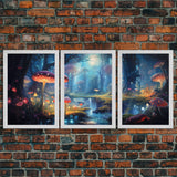 Magical dark forest art print on canvas, fantasy forest, oil style painting, large landscape wall art for home, ready to hang, 3 Piece Art