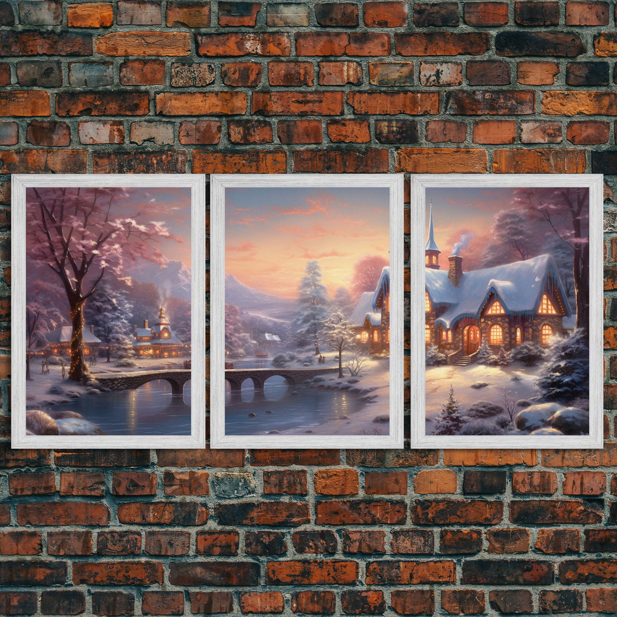 3 Piece Winter Scene, Framed Canvas Prints, Triptych Christmas Painting, Christmas Decor, Winter Art, Christmas Wall art, Xmas Art