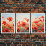 Beautiful Red Flowers, Wildflower Art, Framed Canvas Prints, 3 Piece Set, Triptych, Wall Art, Botanical Art, Floral Decor, Boho Style Art