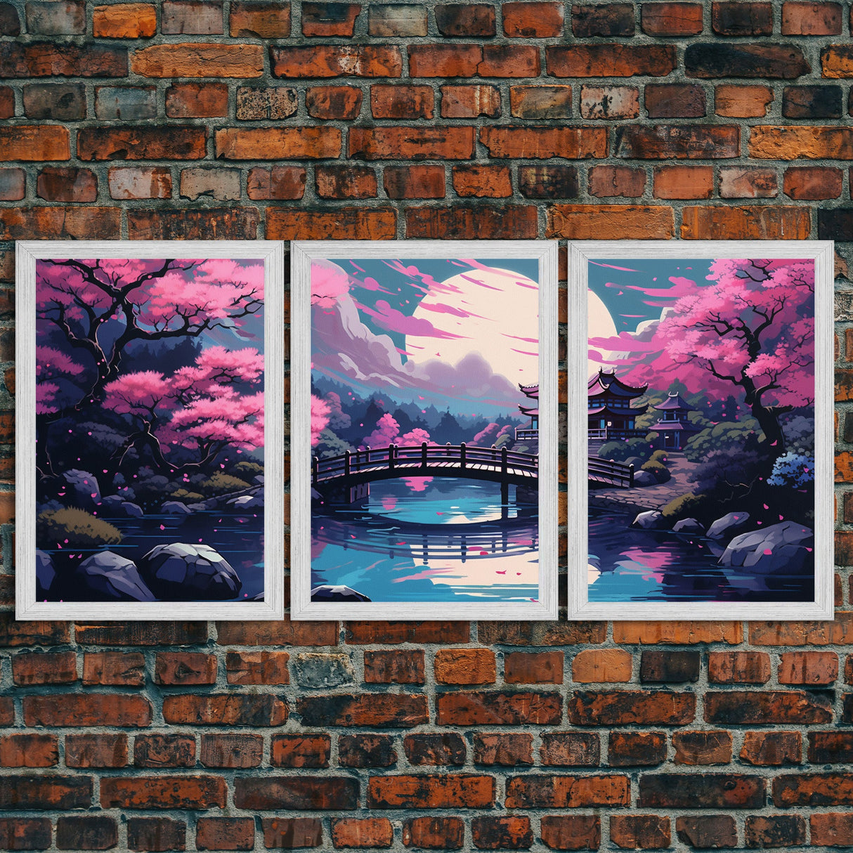 Synthwave Japanese Style Art, Framed Canvas Print, 3 Piece Triptych Set, Retro 80s Style Wall Art, Above Sofa Decor, Cool Wall Art