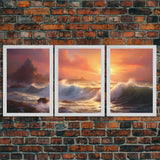 3 Piece Art Set, Seascape Painting Canvas Print, Beach House Decor, Sunset Painting, Original Painting, Boho Style Living Room Art