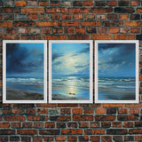 Night Time Beach Art, Framed Canvas Prints, Triptych 3 Panel Wall Art, Tropical Decor, Centerpiece Art